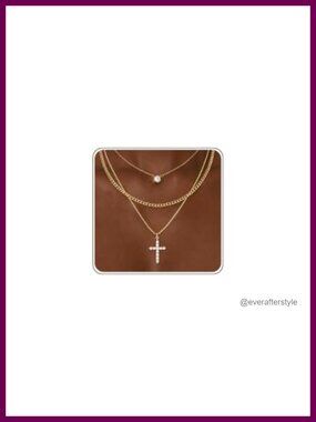 14K Gold Plated Layered Necklace Set for Women, 3 Chains with Cross Pendant,